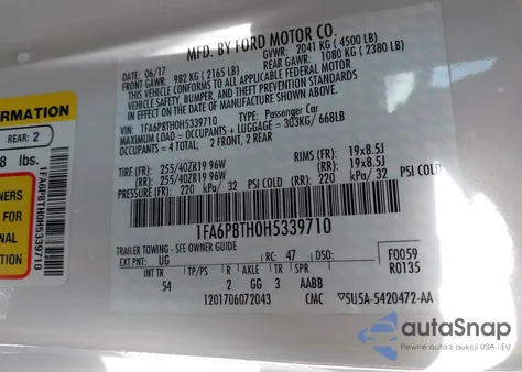 2017 Ford Mustang Ecoboost z USA, uszkodzony, nr VIN 1FA6P8TH0H5339710